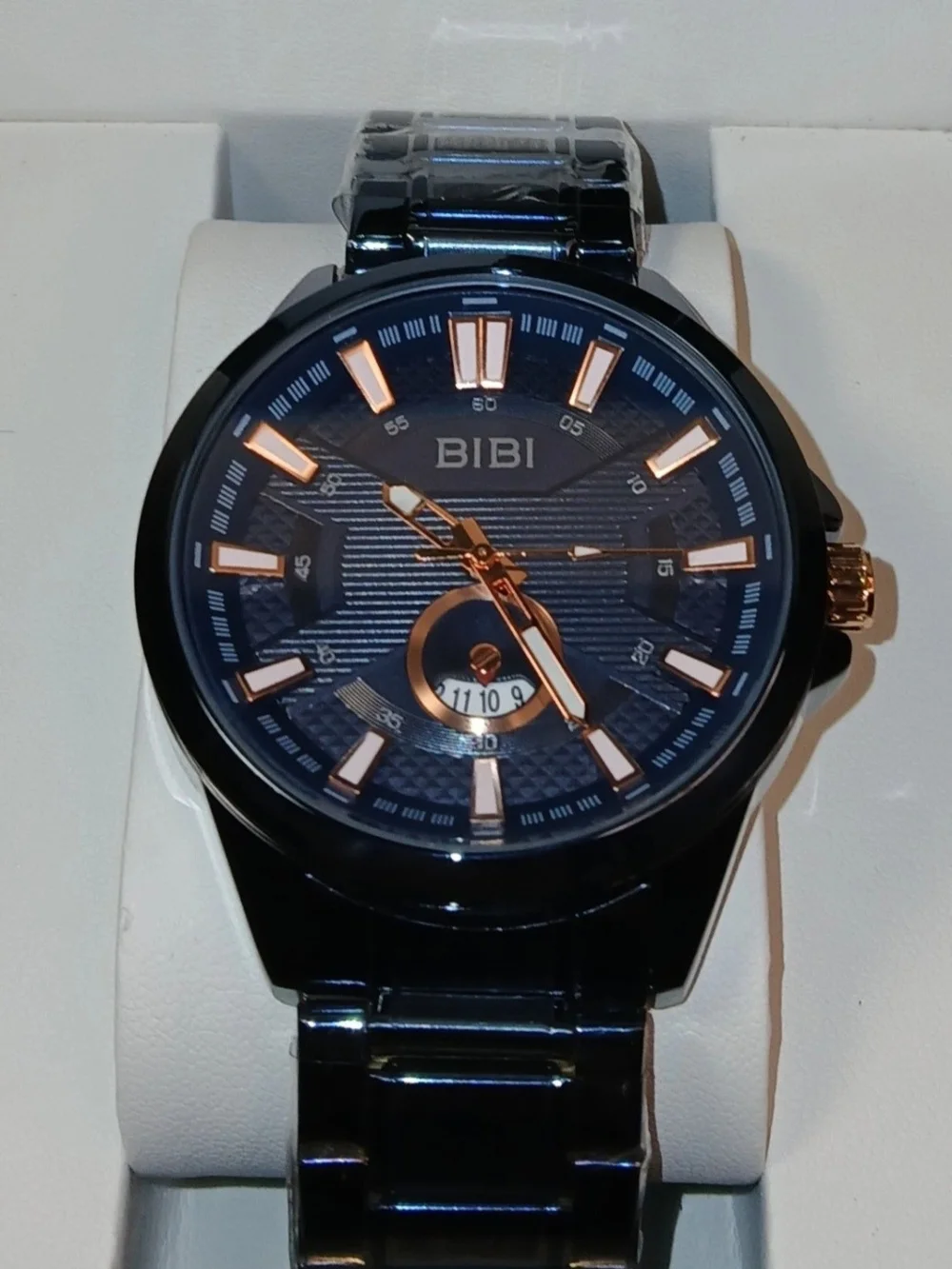 BiBi Mens Quartz Wristwatch Black Stainless Steel Blue Dial Rose Gold Accents...